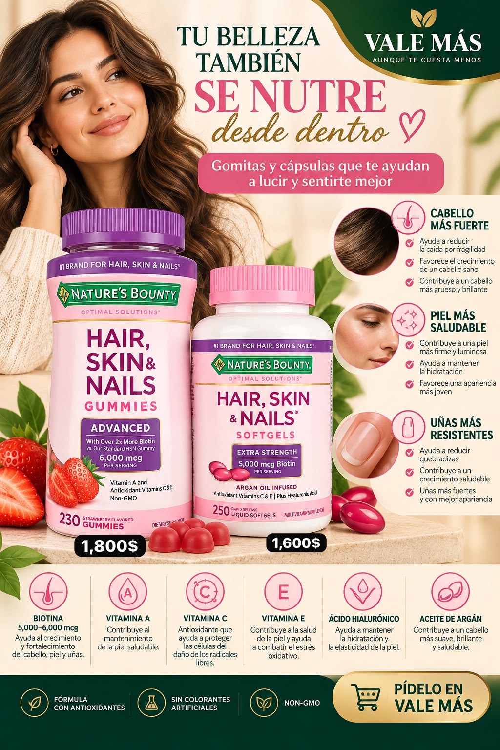 Nature’s Bounty Hair, Skin & Nails Extra Strength Softgels – 250 Cápsulas Blandas
