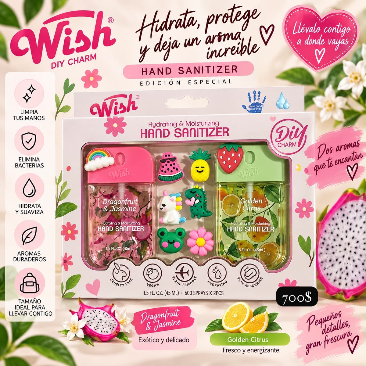 Wish DIY Charm Sanitizador de manos 2 Pack – Dragonfruit & Jasmine / Golden Citrus - Manitas limpias