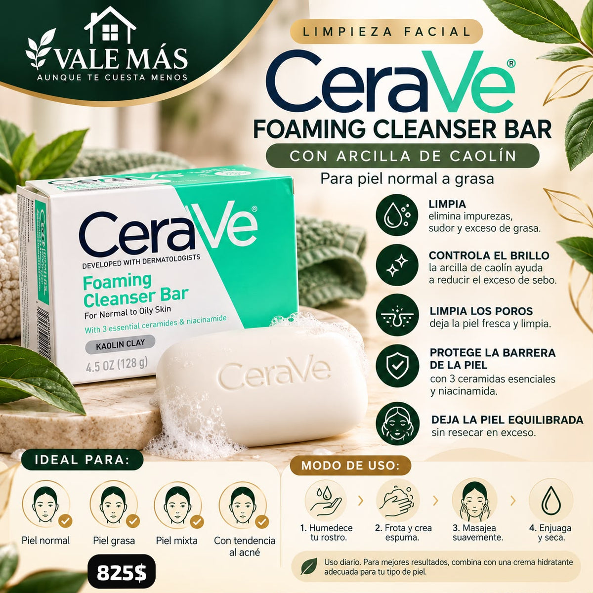 CeraVe Foaming Cleanser Bar con Arcilla de Caolín