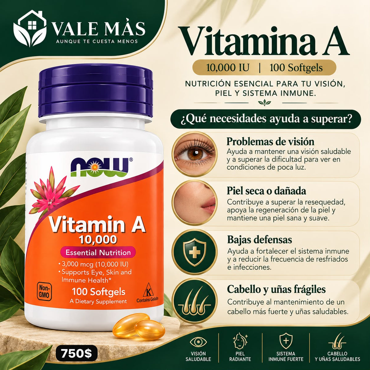 NOW Vitamin A 10,000 IU – 100 softgels