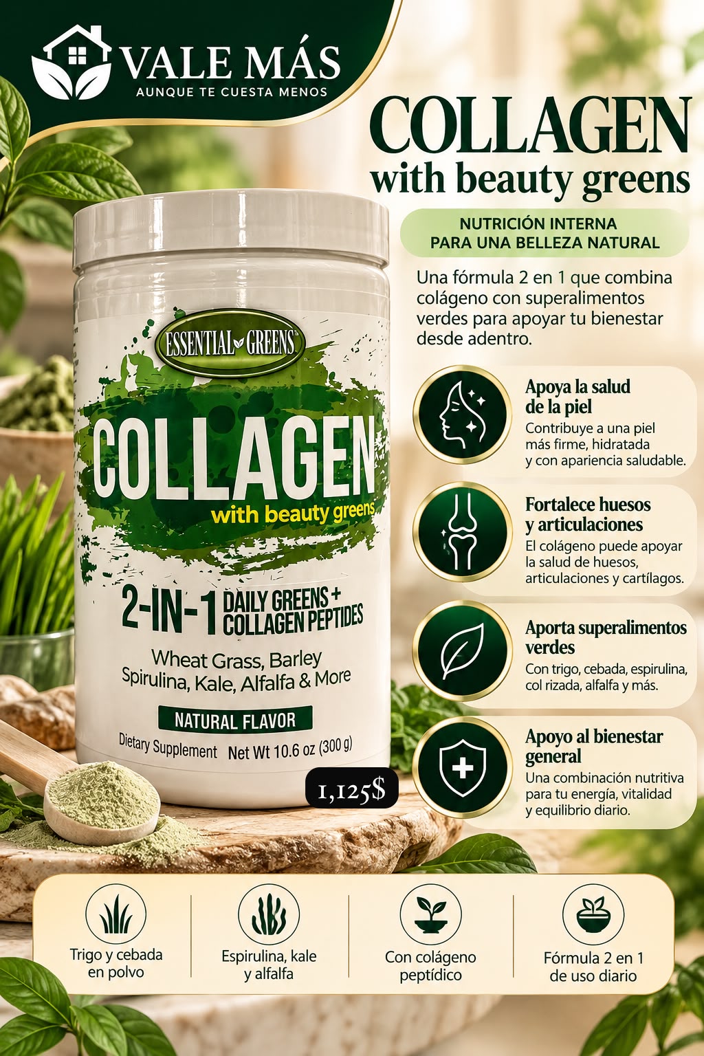 Essential Greens Collagen with Beauty Greens – Sabor natural, 300 g
