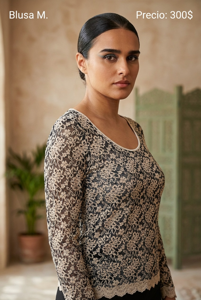 Blusa de Encaje Negra y Beige - PRELOVED