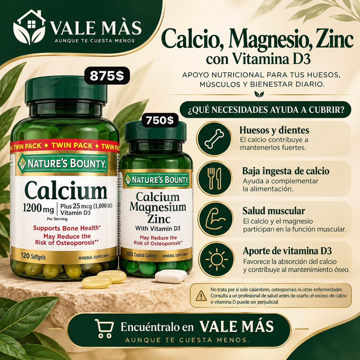 Nature's Bounty Calcium Magnesium Zinc con Vitamina D3 – 100 tabletas