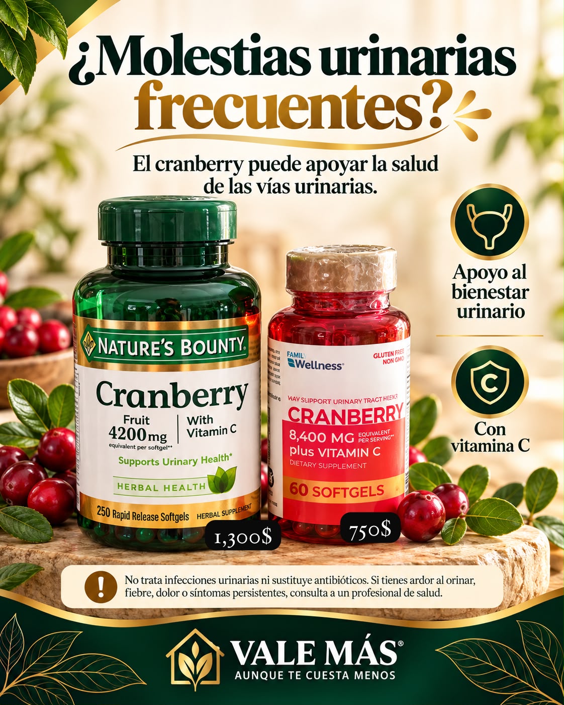 Nature’s Bounty Cranberry 4,200 mg con vitamina C – 250 softgels