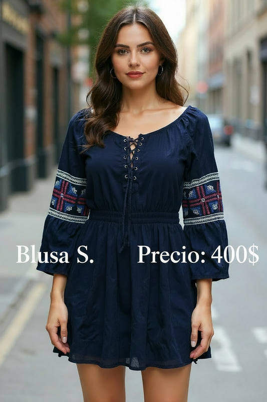 Blusa Tipo Túnica Azul Marino con bordado - PRELOVED
