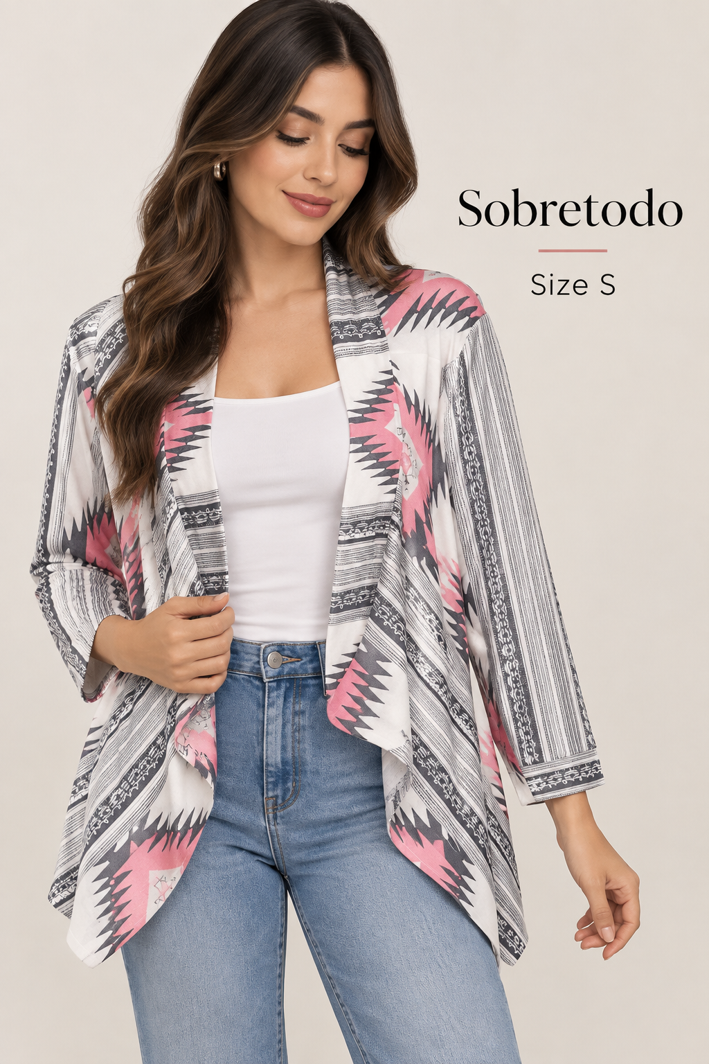 Sobretodo Estampado Blanco Gris y Rosado - PRELOVED