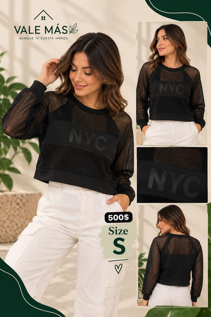 Blusa Negra NYC con Mangas Transparentes - PRELOVED