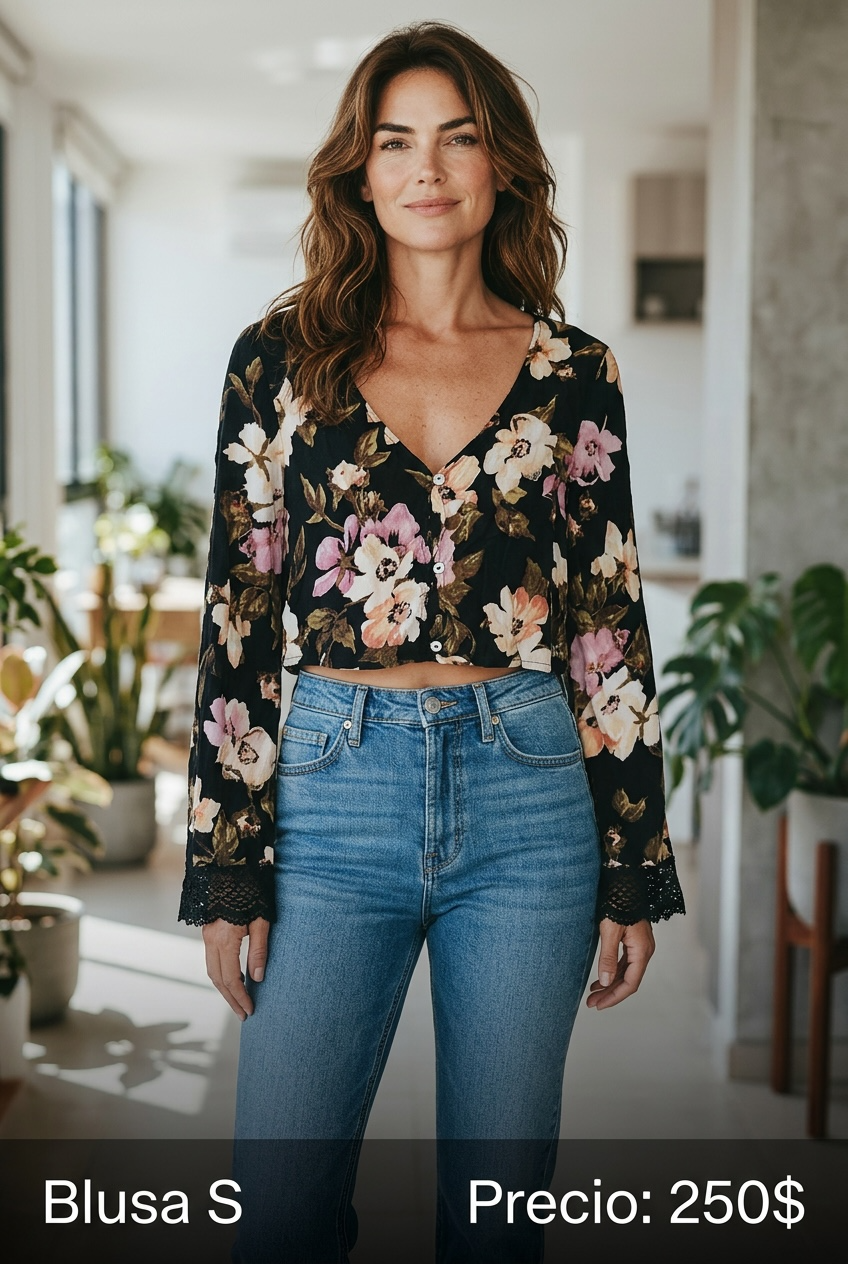Blusa Floral Negra con Mangas de Encaje - PRELOVED