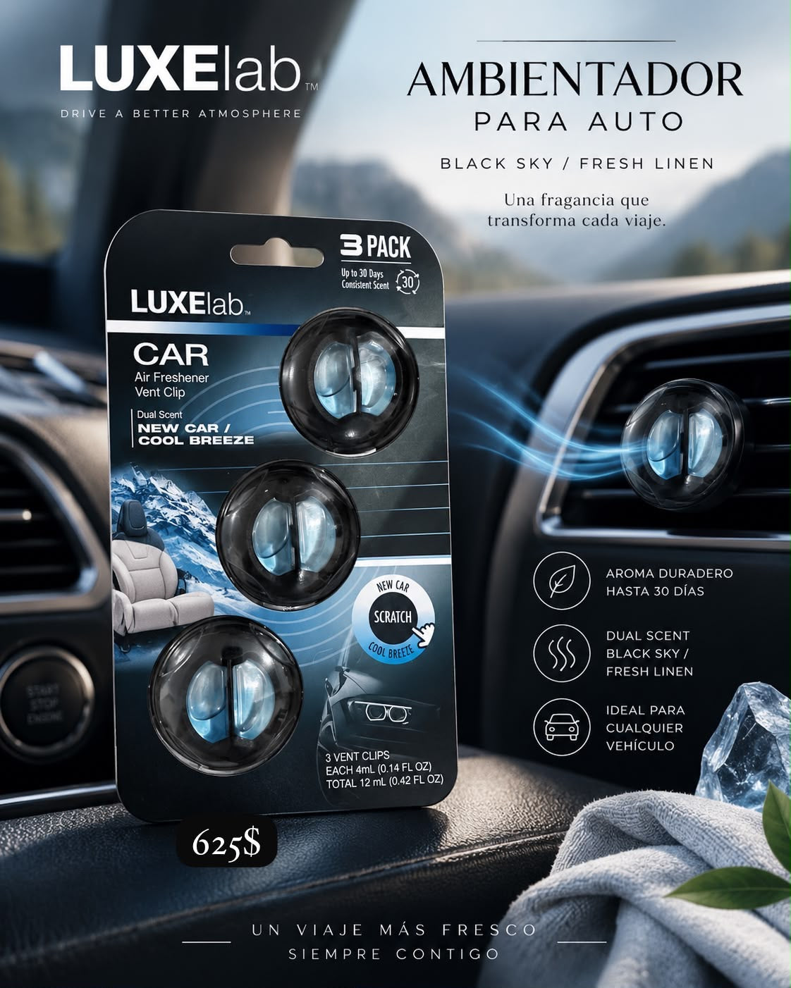 LuxeLab Car Air Freshener 3 Pack – Black Sky / Fresh Linen - Ambientador para auto