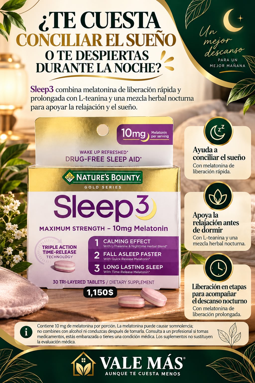 Nature’s Bounty Sleep3 Maximum Strength – 10 mg Melatonina, 30 Tabletas