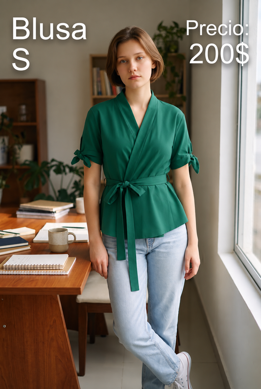 Blusa Verde Cruzada con Cinturón - PRELOVED