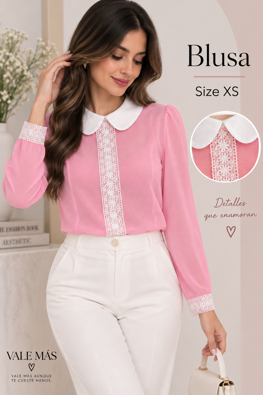 Blusa Rosa con Cuello Blanco y Encaje - PRELOVED