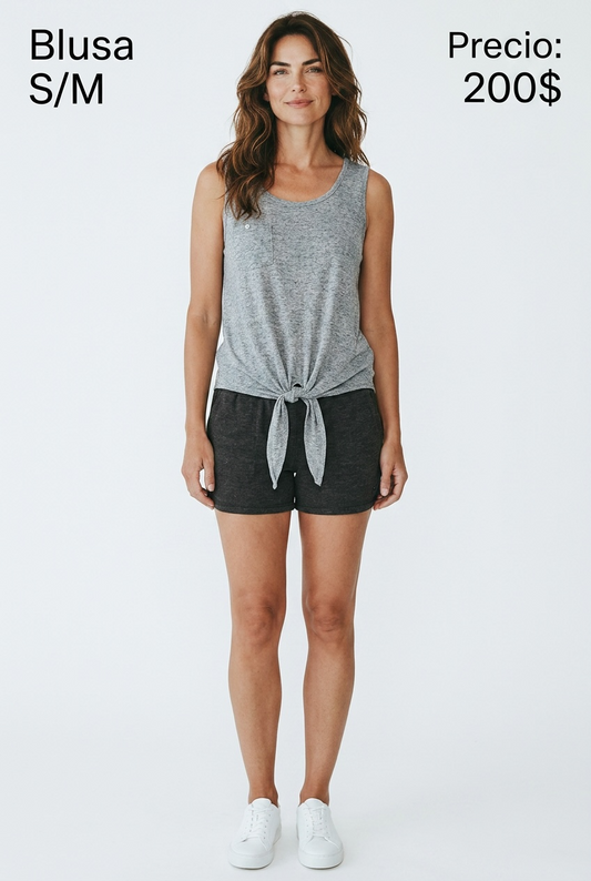 Blusa Gris Sin Mangas con Nudo - PRELOVED