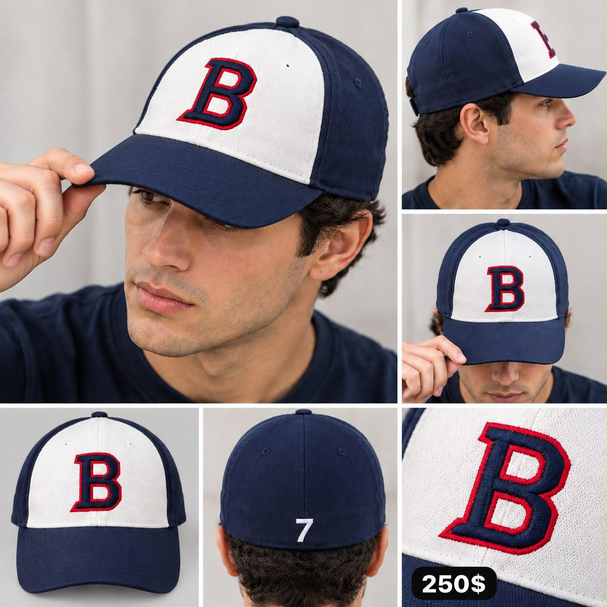 Gorra azul marino y blanca con letra B