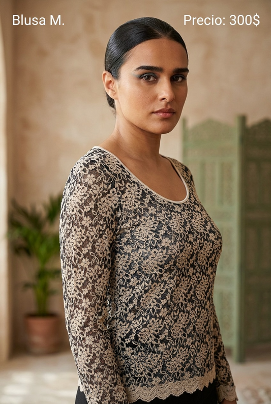 Blusa de Encaje Negra y Beige - PRELOVED