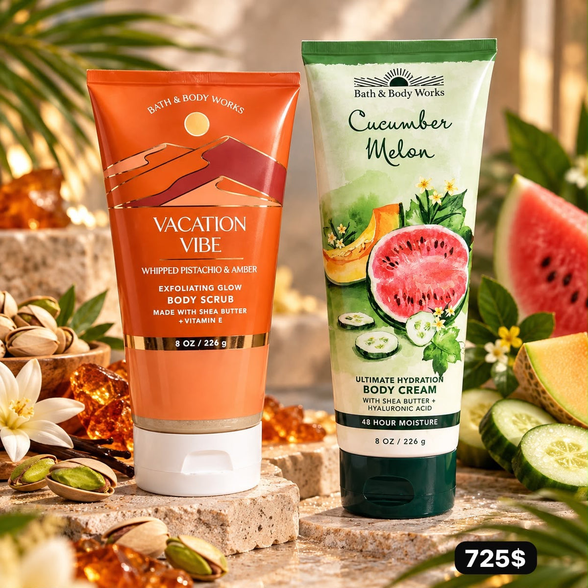Bath & Body Works Vacation Vibe Exfoliating Glow Body Scrub y crema Cucumber Melón