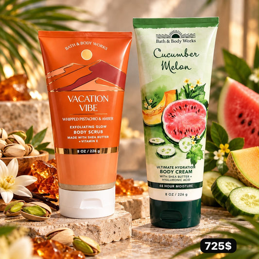 Bath & Body Works Vacation Vibe Exfoliating Glow Body Scrub y crema Cucumber Melón