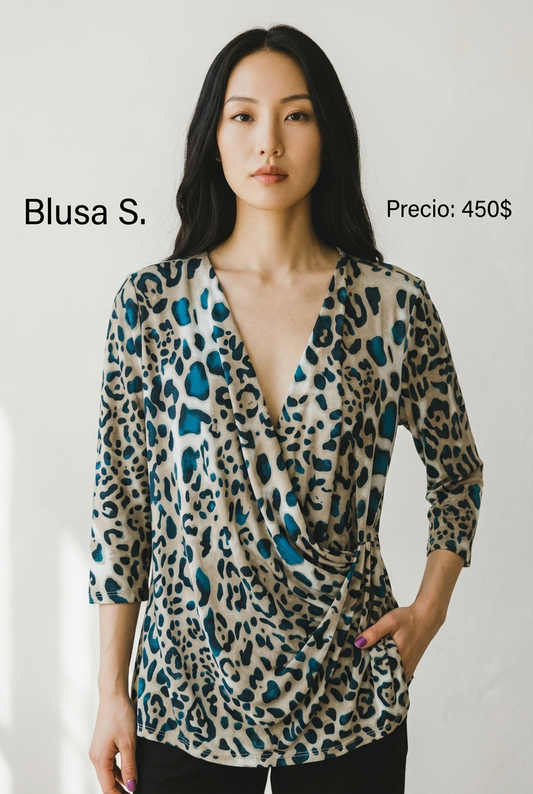 Blusa Animal Print Azul y Beige - PRELOVED