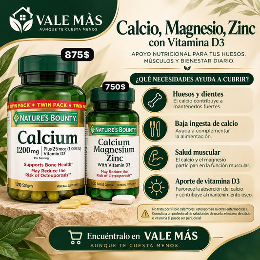 Nature's Bounty Calcium Magnesium Zinc con Vitamina D3 – 100 tabletas