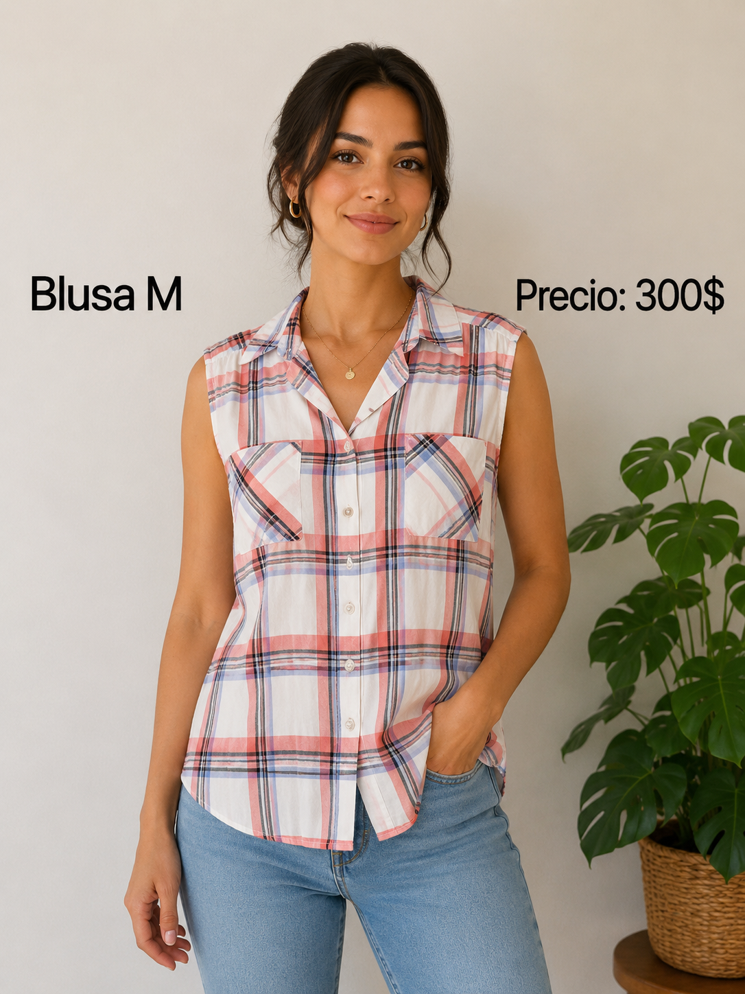 Blusa de Cuadros Rosa sin Mangas - PRELOVED