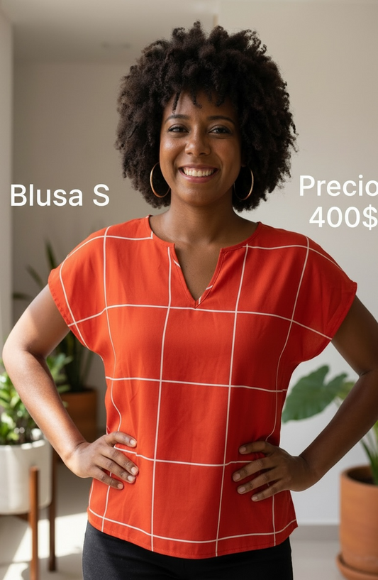 Blusa Naranja de Cuadros - PRELOVED